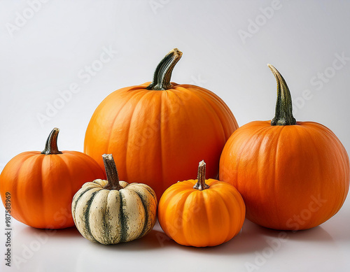 realistic pumpkin of different sizes and shapes, placed on a pure white background