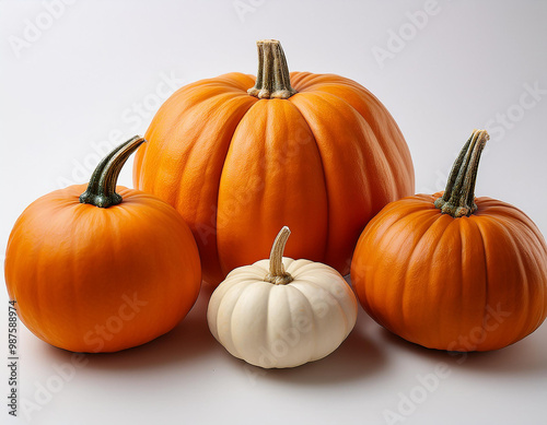 realistic pumpkin of different sizes and shapes, placed on a pure white background