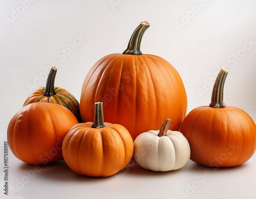 realistic pumpkin of different sizes and shapes, placed on a pure white background