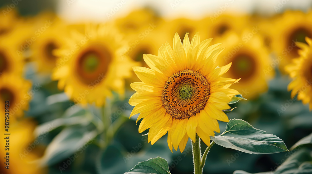 Fototapeta premium Vibrant sunflower in a golden field, capturing the essence of summer and nature's beauty, perfect for warm, sunny themes.