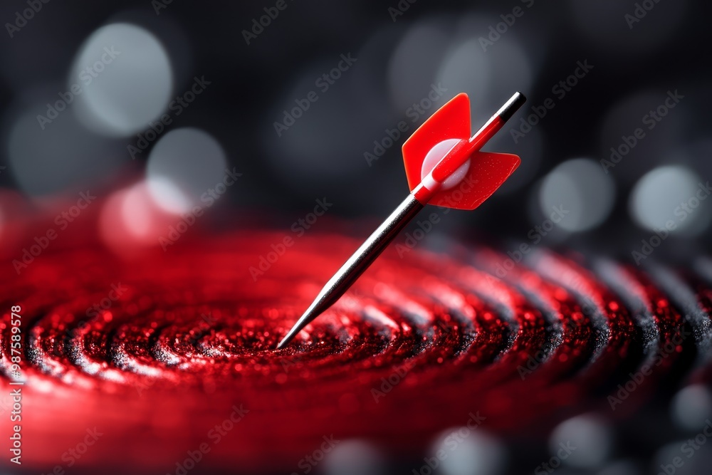 Dart arrow hitting the center of a red target, blurred background Dart arrow hitting the center of a red target, blurred background