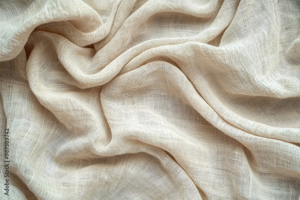 A detailed view of beige fabric displaying intricate textures and folds, showcasing the fine weave and delicate crumples of the material in a close-up shot. A detailed view of beige fabric displaying intricate textures and folds, showcasing the fine weave and delicate crumples of the material in a close-up shot.