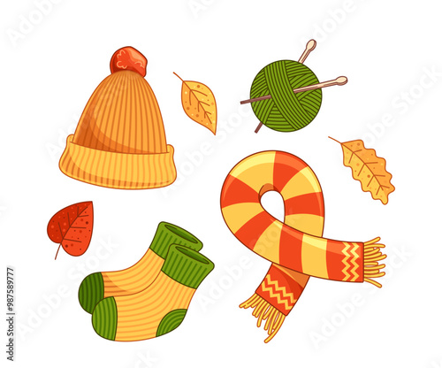 Collection Of Autumn Accessories Featuring A Beanie, Scarf, Socks, Yarn, And Leaves Evoke Feeling Of Comfort