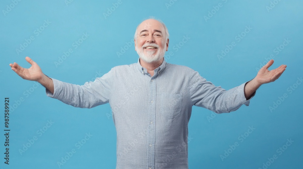 Naklejka premium Mature Caucasian man with open arms isolated on blue background , studio shot of an handsome white European old retired guy with happy smiling face welcome with open arms on soft color backdrop