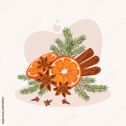 Christmas composition. Conifer branches with orange vector illustration. Pine cone, spruce, fir tree branches, cinnamon and rowan. Stock winter nature clipart isolated on white.