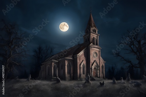 A full moon rising over an abandoned church with a pack of werewolves howling at the sky, Ai Generated