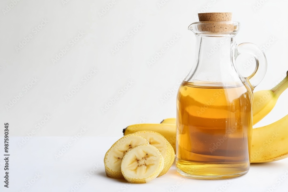 Banana vinegar in a glass container on a clean white background, with fresh banana slices nearby Banana vinegar in a glass container on a clean white background, with fresh banana slices nearby