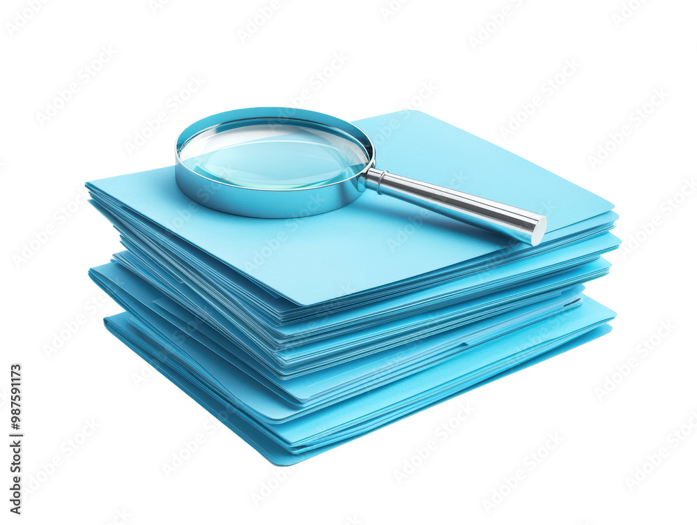 A stack of blue folders with a magnifying glass on top, symbolizing organization, analysis, and attention to detail in information management. A stack of blue folders with a magnifying glass on top, symbolizing organization, analysis, and attention to detail in information management.