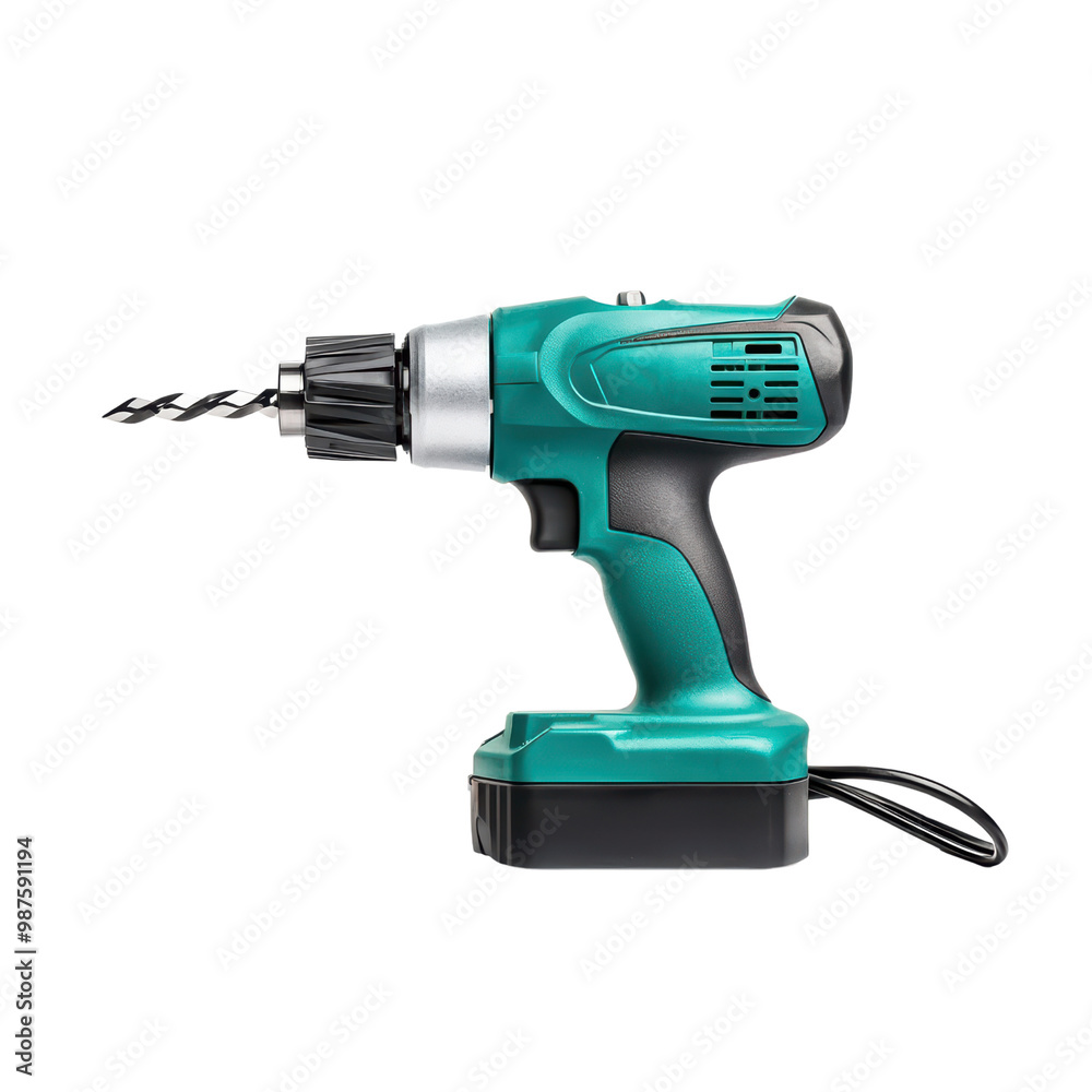 A teal cordless drill with a spiral bit on a black background, designed for efficient drilling and fastening tasks. A teal cordless drill with a spiral bit on a black background, designed for efficient drilling and fastening tasks.