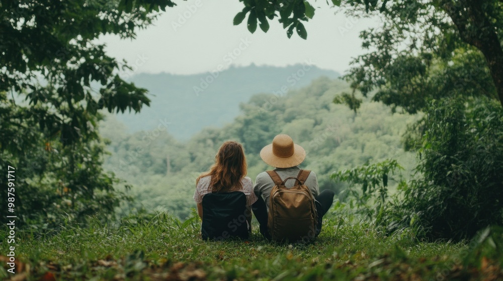 Relaxed couple pausing to enjoy the view during a nature hike. Relaxed couple pausing to enjoy the view during a nature hike.