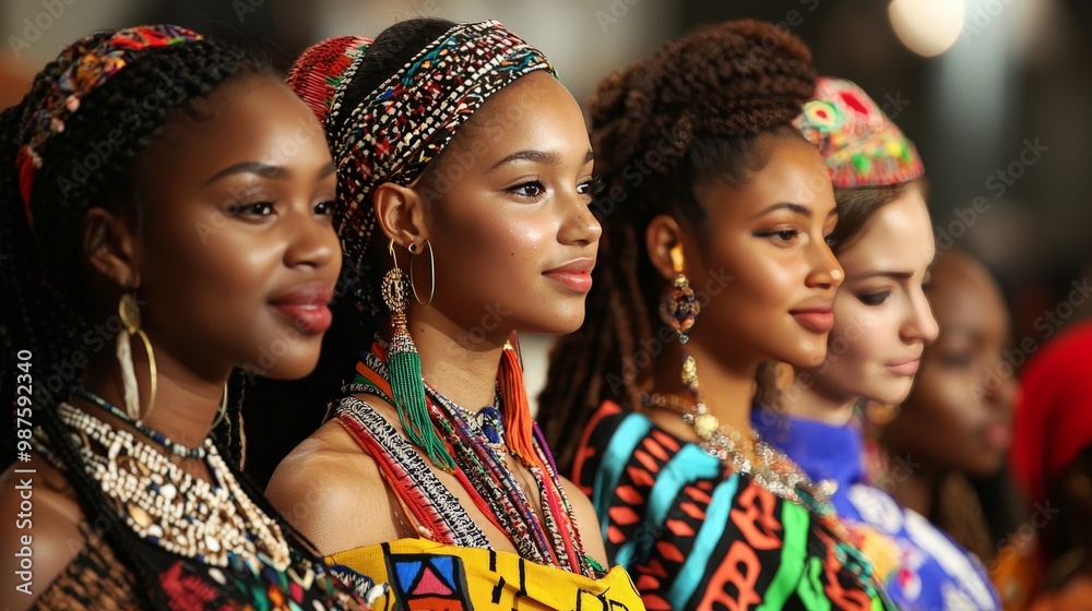Cultural celebration featuring diverse participants in traditional clothing, each with distinct hairstyles and accessories that reflect their heritage Cultural celebration featuring diverse participants in traditional clothing, each with distinct hairstyles and accessories that reflect their heritage