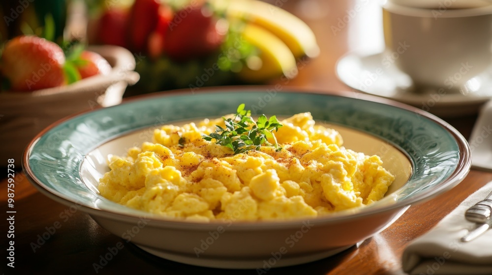 A stylish breakfast table with a bowl of scrambled eggs, lightly seasoned and garnished, along with a side of fresh fruit and a cup of coffee A stylish breakfast table with a bowl of scrambled eggs, lightly seasoned and garnished, along with a side of fresh fruit and a cup of coffee