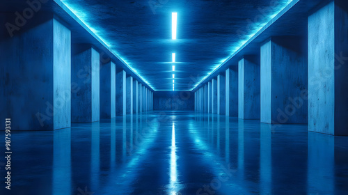 Blue Neon Lights Reflecting on Wet Floor in Concrete Hallway 3D Illustration