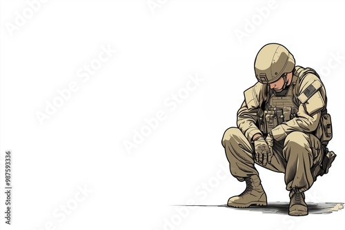 Sad american soldier looking down at the ground, desert BDUs photo