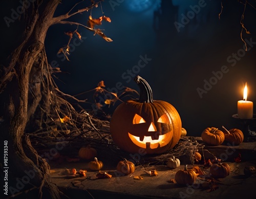 Halloween pumpkin head jack or lantern glowing in a dark forest at night.