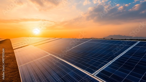 Beautiful sunset over solar panels, showcasing renewable energy technology and sustainability in a tranquil landscape.