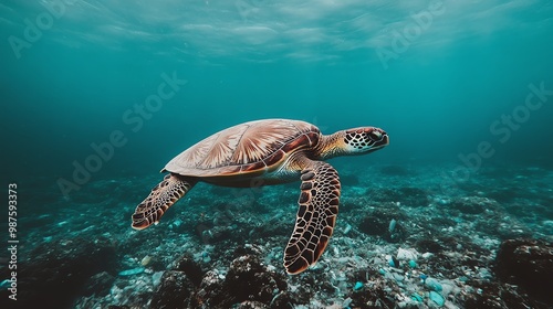 A serene underwater scene featuring a turtle gracefully swimming through clear turquoise waters.