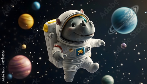 A cute astronaut rhino explores the colorful realms of space among various planets, embodying adventure and imagination.