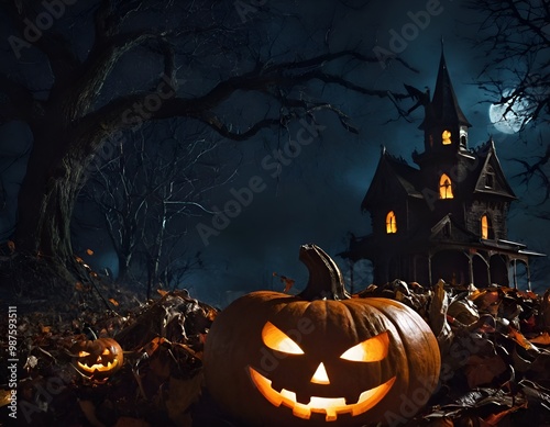 Halloween background with scary pumpkins and old castle in dark forest