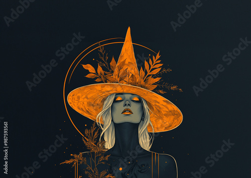 Autumn witch tee, stylish halloween- a beautiful witch with an orange hat, fall leaves, pumpkin orange. A bold simple illustration of a skeleton witch with October orange, navy blue
