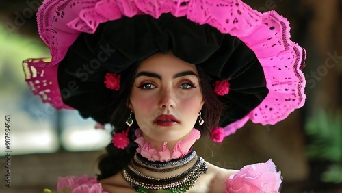 Mujer joven estilo hermosa, vintage, fotografía antigua, en un lugar elegante aunque antiguo, porta un sombrero refinado con elegancia.   photo