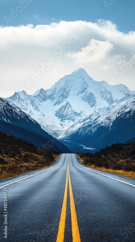 A scenic road winding through mountains under a clear blue sky, inviting adventure and exploration in nature's beauty.