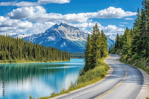 A scenic landscape featuring a winding road along a tranquil lake, surrounded by majestic mountains and lush greenery.