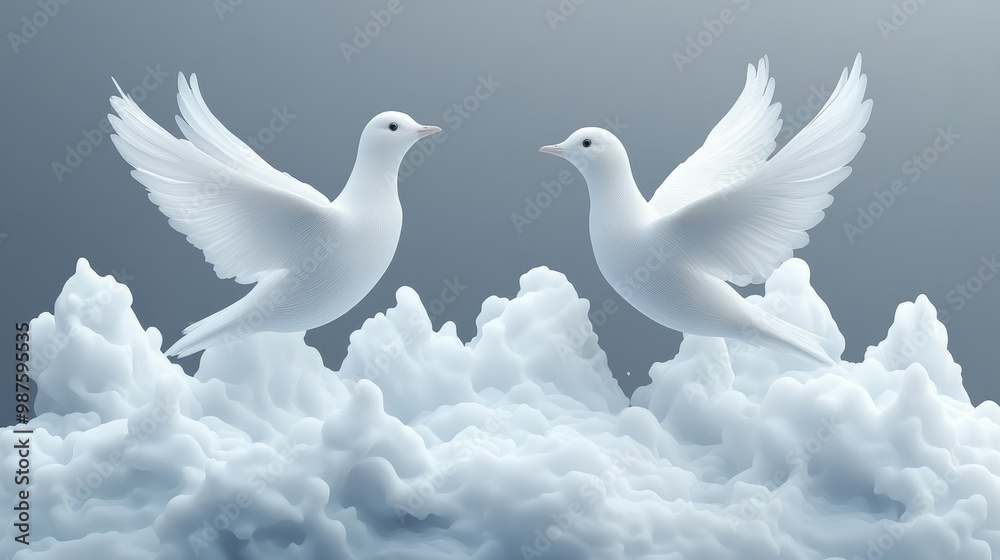 Fototapeta premium Two elegant white doves gracefully flying above fluffy clouds, symbolizing peace and harmony in a serene atmosphere.