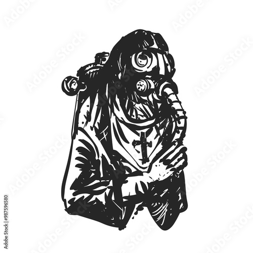 Post-Apocalyptic Priest in Gas Mask Silhouette Vector Illustration