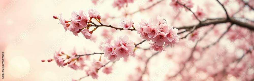 A close-up image of a branch adorned with pink cherry blossoms in full bloom, set against a soft pink and white light pink background A close-up image of a branch adorned with pink cherry blossoms in full bloom, set against a soft pink and white light pink background