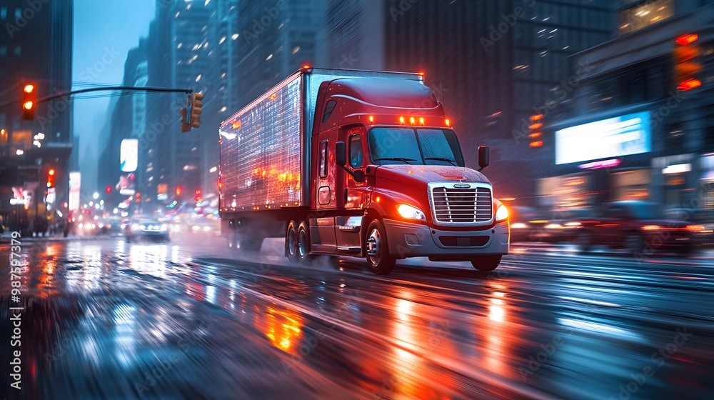Delivery truck speeding through a city intersection, with traffic signals and urban life in the background Delivery truck speeding through a city intersection, with traffic signals and urban life in the background