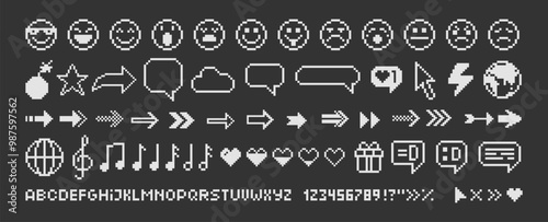 Set of music and video icons, emoji arrows, speech bubble and alphabet. Pixel art vector illustration.