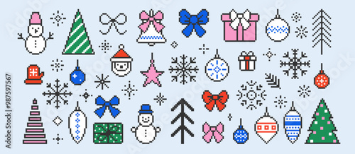 Set of xmas icons of christmas tree, present, snowman, bow, snowflake, jingle bell. Pixel art vector illustration.