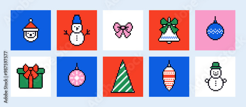 Set of Christmas icons of bow, snowman snowflake and ball. Pixel art vector illustration.