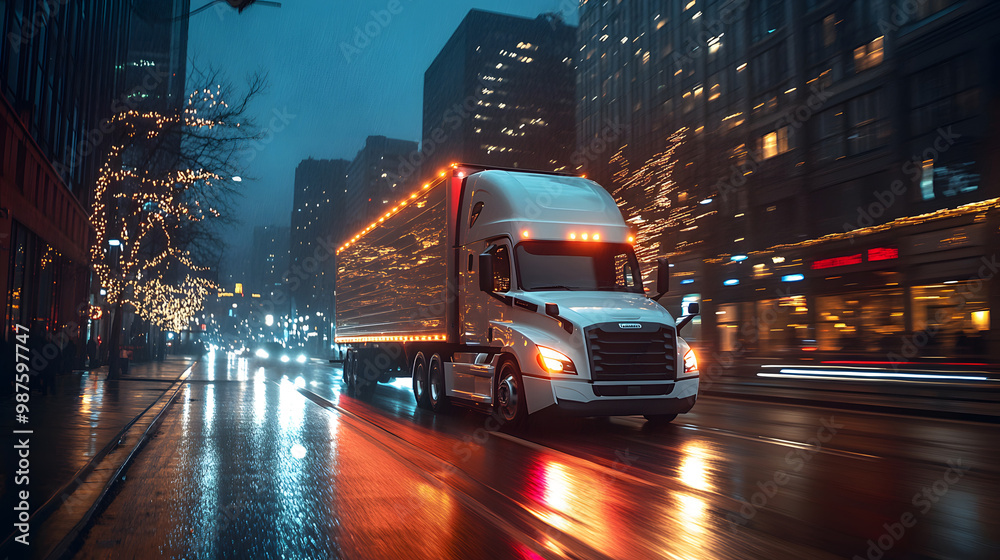 Nighttime shot of a delivery truck speeding down a well-lit city street, lights and motion blur emphasizing speed Nighttime shot of a delivery truck speeding down a well-lit city street, lights and motion blur emphasizing speed