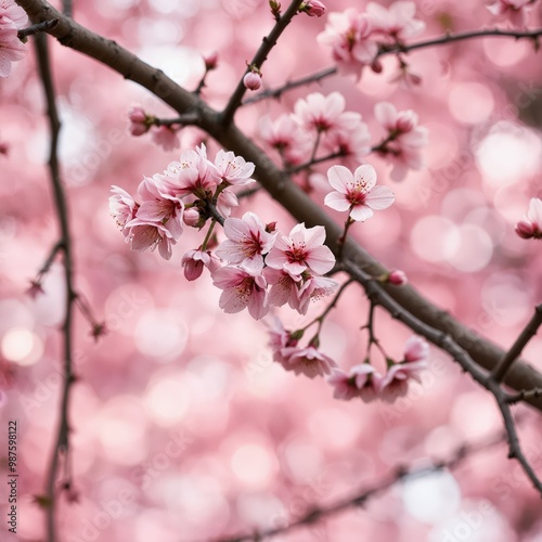 A close-up image of a cherry blossom tree branch, adorned with pink flowers and buds, is captured in a soft, blurred background, creating a serene and tranquil atmosphere