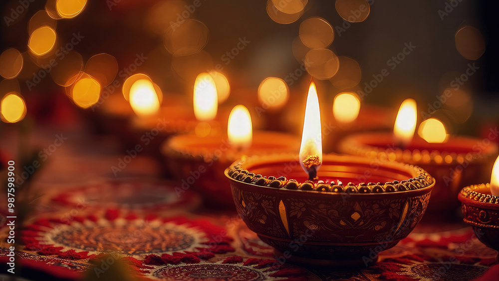 Warm, glowing candlelight illuminating intricate rangoli designs with a vibrant, colorful background, capturing the festive spirit of the Indian holiday Diwali Warm, glowing candlelight illuminating intricate rangoli designs with a vibrant, colorful background, capturing the festive spirit of the Indian holiday Diwali