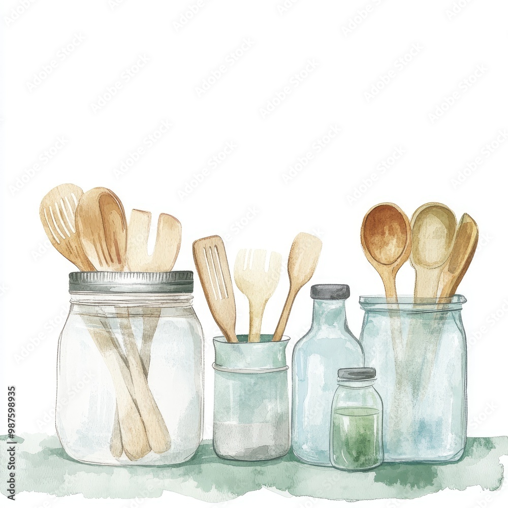 A collection of kitchen utensils and jars showcasing wooden spoons, spatulas, and various container sizes with a minimalist design. A collection of kitchen utensils and jars showcasing wooden spoons, spatulas, and various container sizes with a minimalist design.