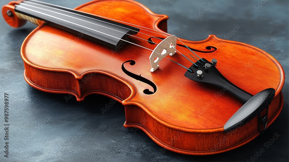 A close-up view of a beautifully crafted wooden violin resting on a textured surface, showcasing its intricate details. A close-up view of a beautifully crafted wooden violin resting on a textured surface, showcasing its intricate details.