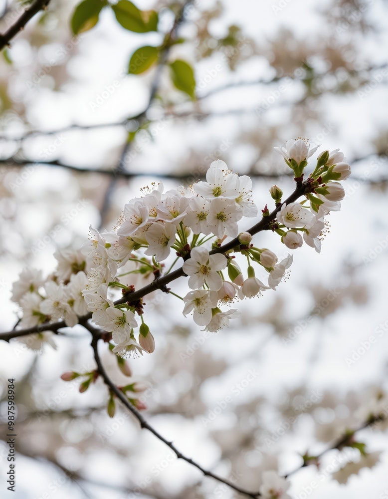 A close-up image of a tree branch adorned with white flowers and green leaves, set against a light blue sky, captures a serene moment in nature A close-up image of a tree branch adorned with white flowers and green leaves, set against a light blue sky, captures a serene moment in nature
