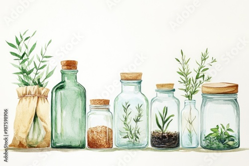 A collection of glass jars filled with herbs and plants, showcasing a natural and organic aesthetic for home decor.