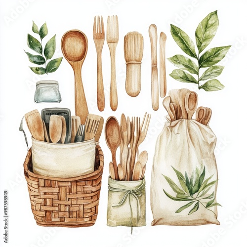 A collection of kitchen utensils and wooden tools arranged artistically with green leaves for a natural, rustic aesthetic.