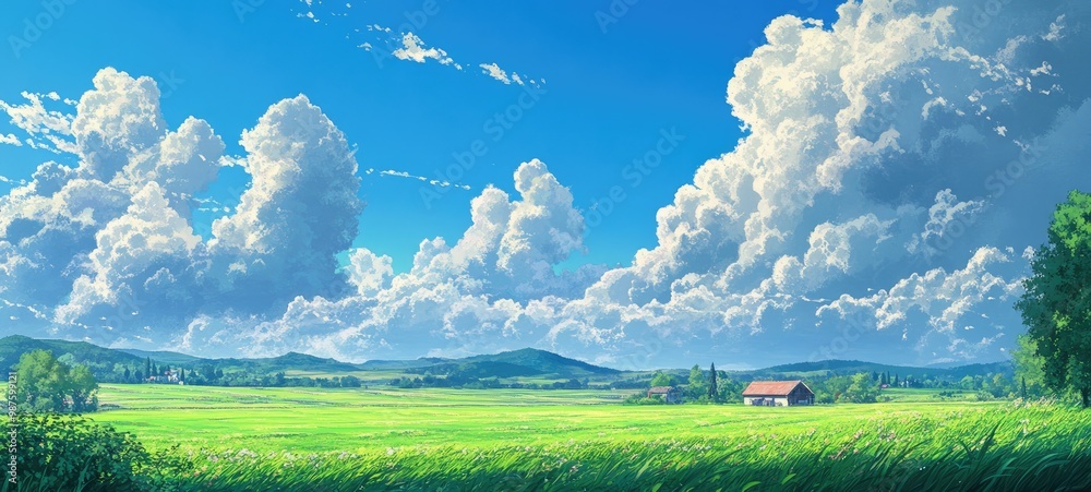 A serene landscape featuring green fields, rolling hills, and a bright blue sky with clouds.