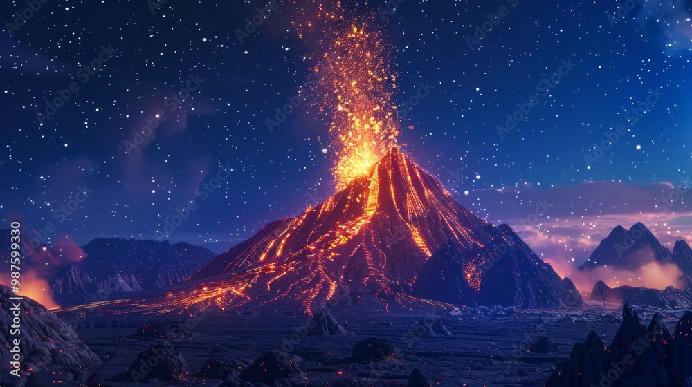Stunning night landscape of an erupting volcano with bright lava and starry sky above Stunning night landscape of an erupting volcano with bright lava and starry sky above