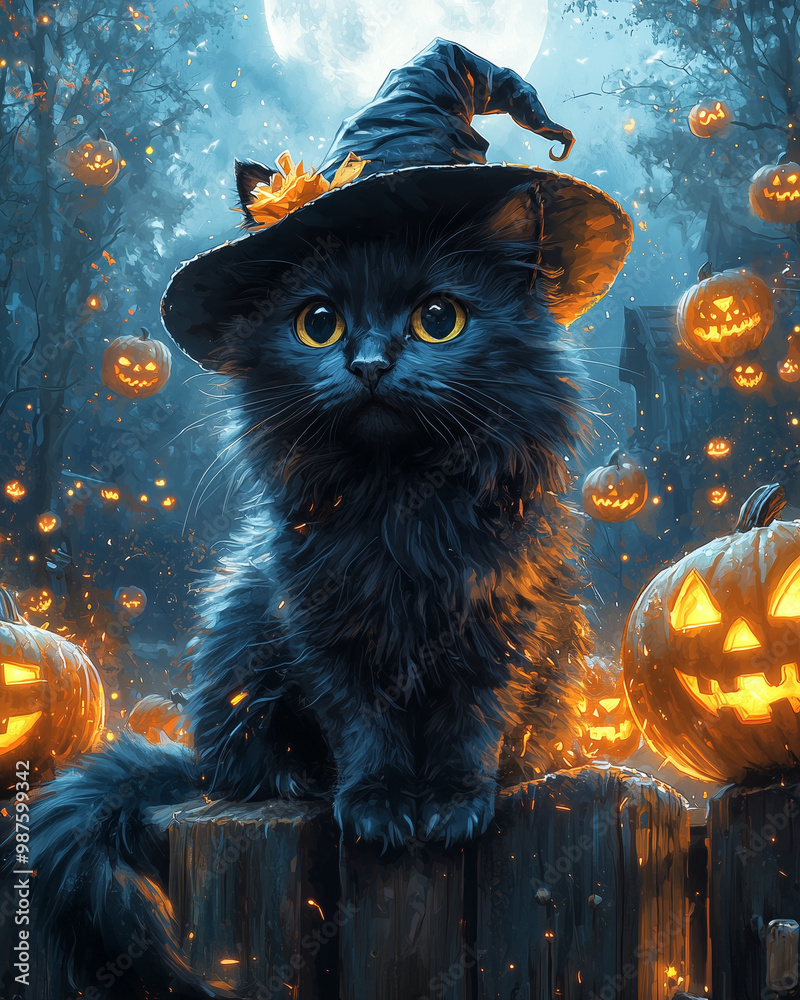 magical black cat with a witch’s hat sitting among glowing jack-o'-lanterns under a full moon on a mystical halloween night magical black cat with a witch’s hat sitting among glowing jack-o'-lanterns under a full moon on a mystical halloween night