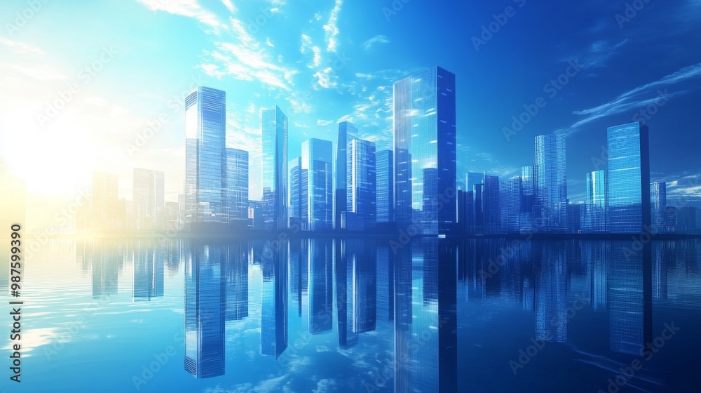 Picture of modern skyscrapers of a smart city, futuristic financial district with buildings and reflections , blue color background for corporate and business template with warm sun rays of light Picture of modern skyscrapers of a smart city, futuristic financial district with buildings and reflections , blue color background for corporate and business template with warm sun rays of light