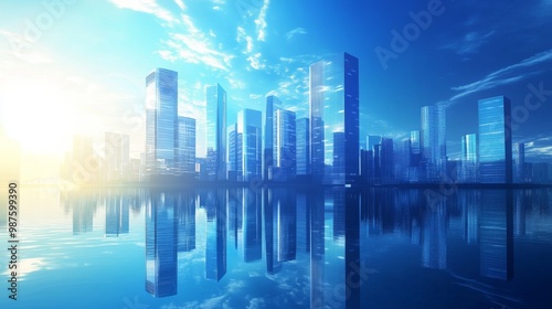 Picture of modern skyscrapers of a smart city, futuristic financial district with buildings and reflections , blue color background for corporate and business template with warm sun rays of light