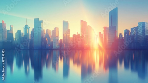 Picture of modern skyscrapers of a smart city, futuristic financial district with buildings and reflections , blue color background for corporate and business template with warm sun rays of light