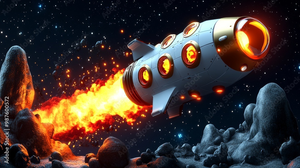 Fototapeta premium A futuristic rocket launches into space, leaving a trail of flames, surrounded by asteroids in a vibrant cosmic scene.