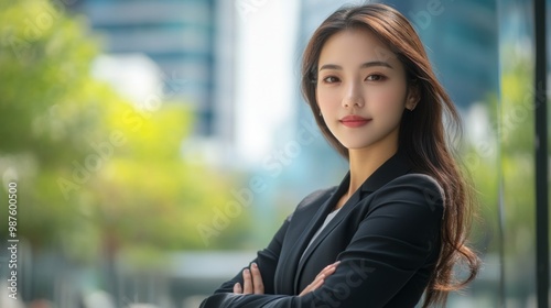 Portrait of a beautiful Asian woman in suit outdoors with a blurry business center in backdrop. with copy space Free Download Portrait of a beautiful Asian woman in suit outdoors with a blurry business center in backdrop. with copy space - GFXLoad